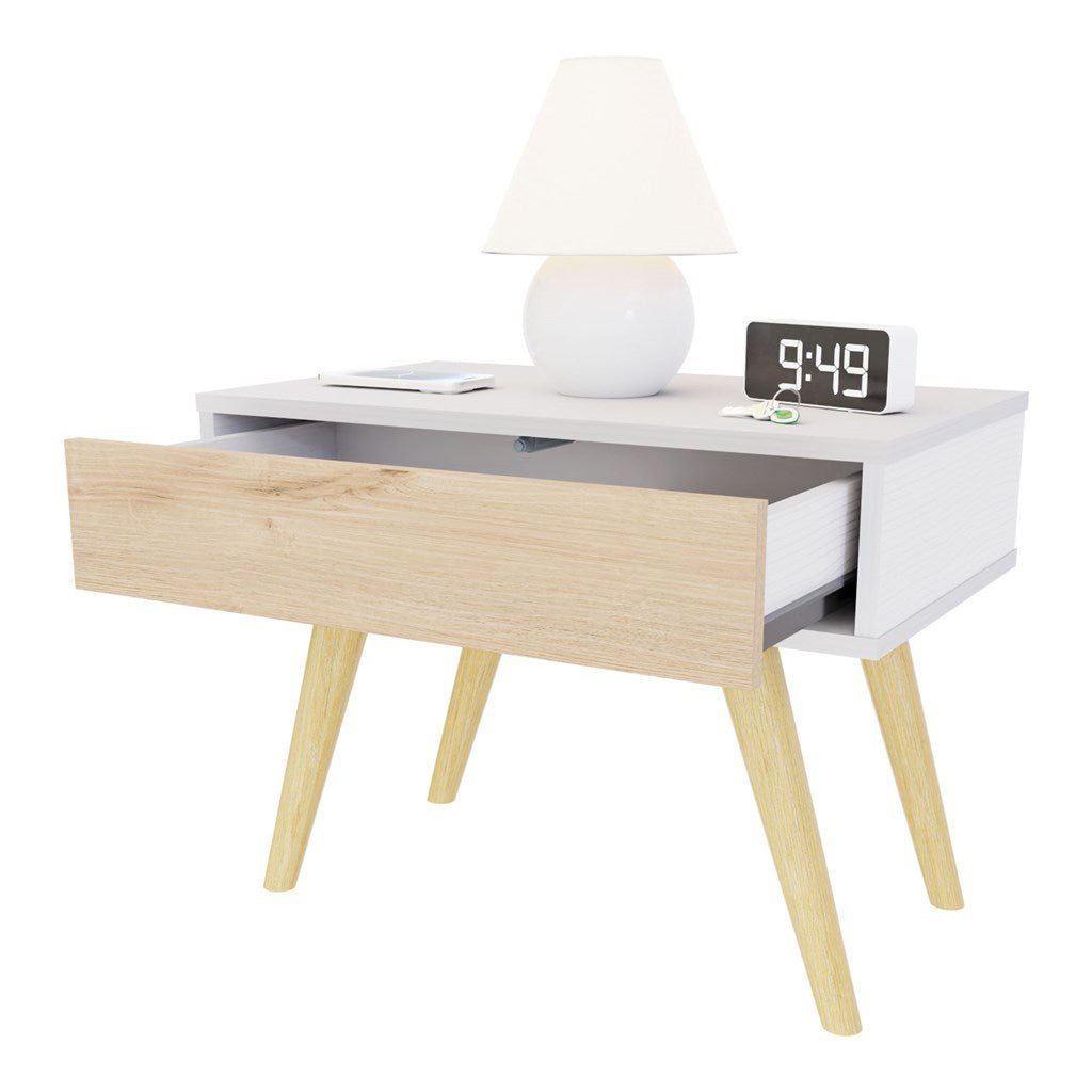 Mesa de Noche y de Centro Rigo Duna y Blanco 60x45cm con Patas y Un Cajón - MESAS DE NOCHE | Bylmo
