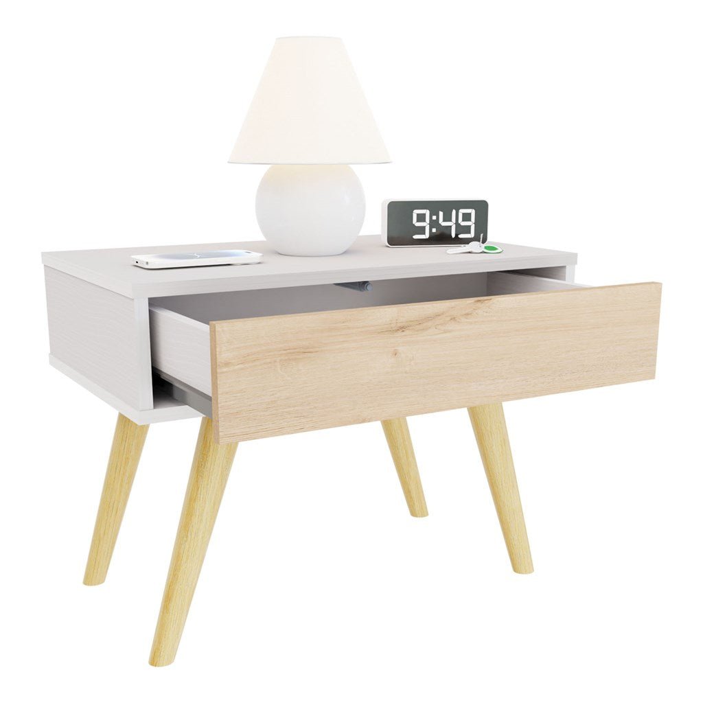 Mesa de Noche y de Centro Rigo Duna y Blanco 60x45cm con Patas y Un Cajón - MESAS DE NOCHE | Bylmo