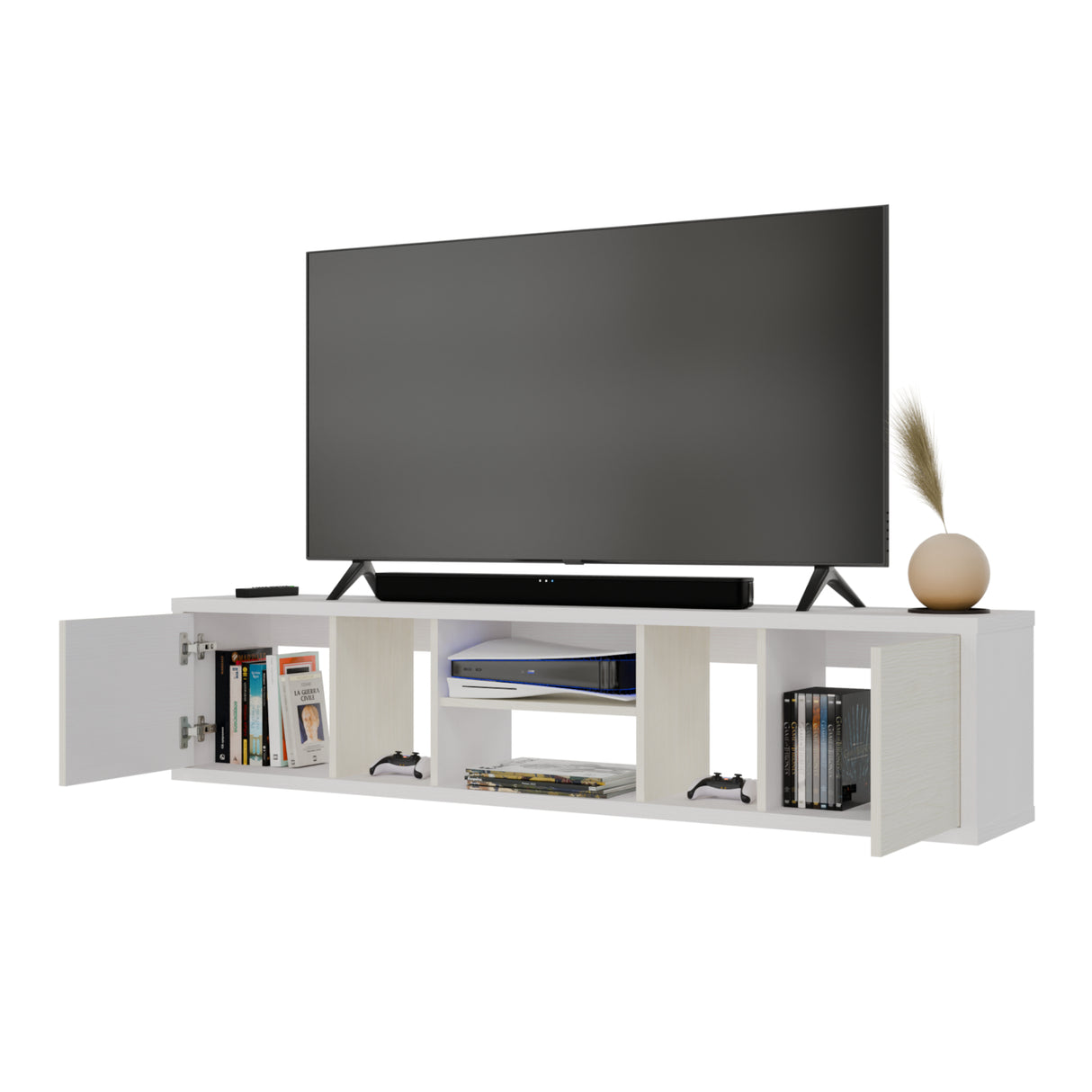 Mesa para TV Flotante Zafiro Blanco y Niebla 160x35cm con Dos Cajones y para TV Hasta 65 Pulgadas - MUEBLES DE TV | Bylmo