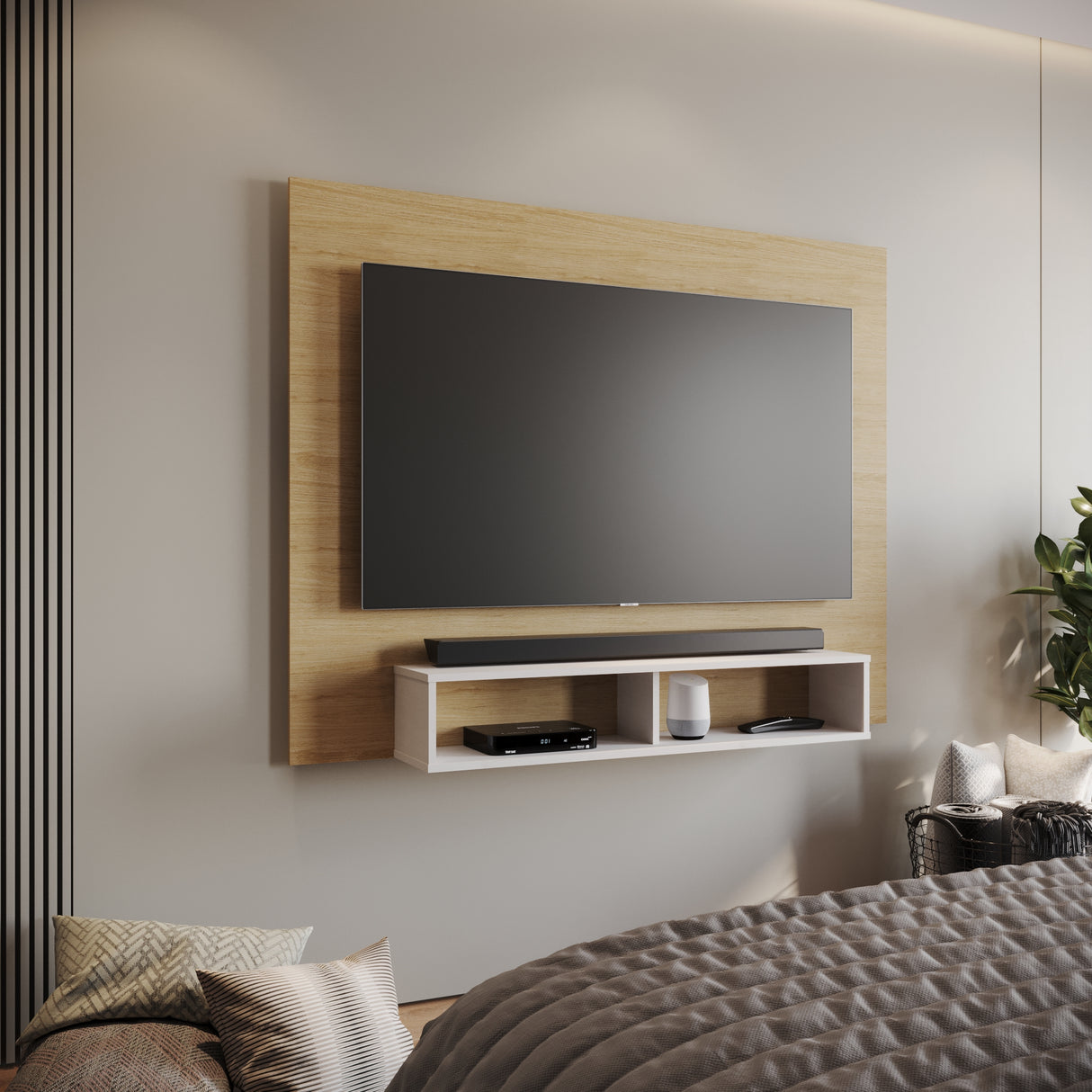 Panel de TV Flotante Rovere y Blanco 150x118cm con Dos Cajones y para TV Hasta 65 Pulgadas - MUEBLES DE TV | Bylmo