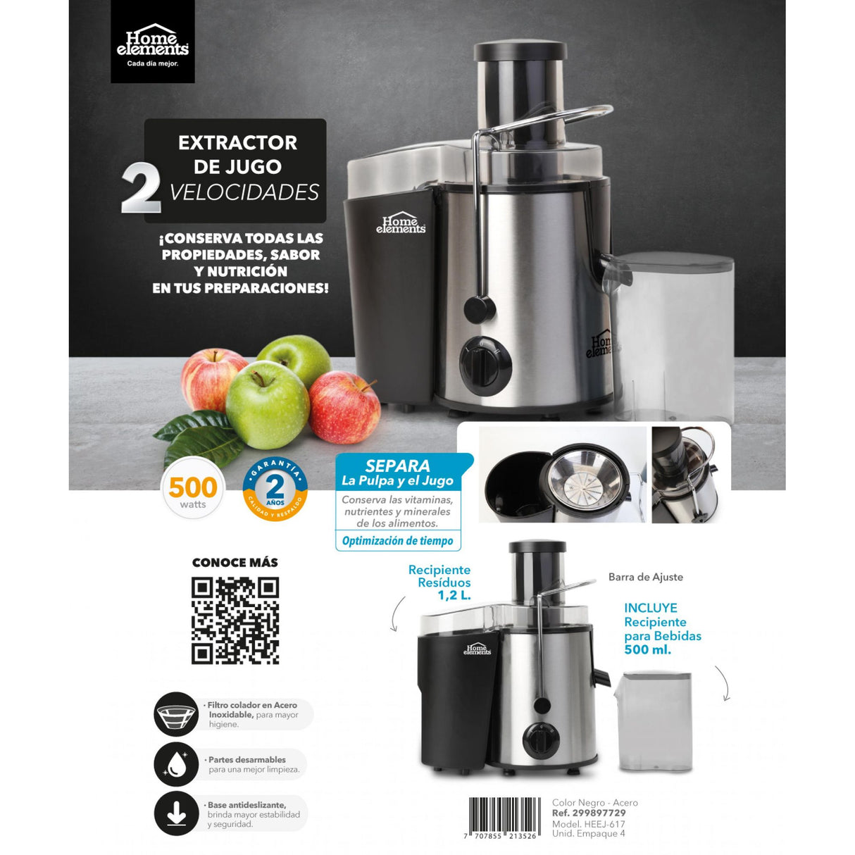 Extractor de Jugos Negro 16x32.5cm De 1.2 Litros con Base Antideslizante - EXPRIMIDORES Y EXTRACTORES | Bylmo