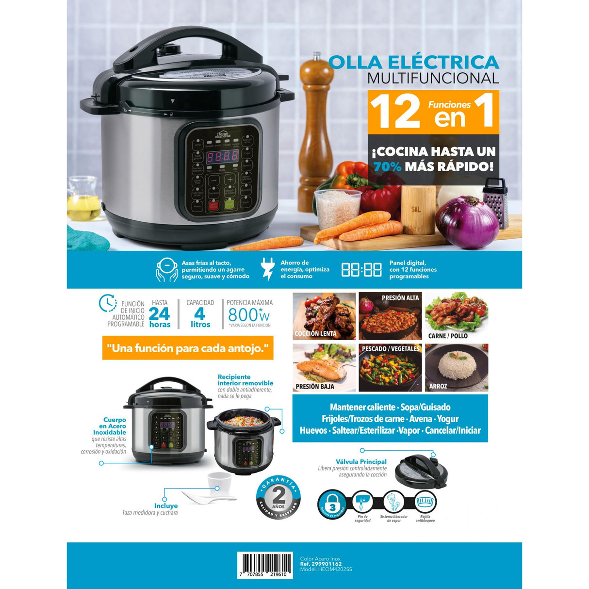 Olla Multifuncional Plateado y Negro 28.8x31.6cm de 4 Litros con Doce Funciones preconfiguradas - OLLAS MULTIFUNCIONALES | Bylmo