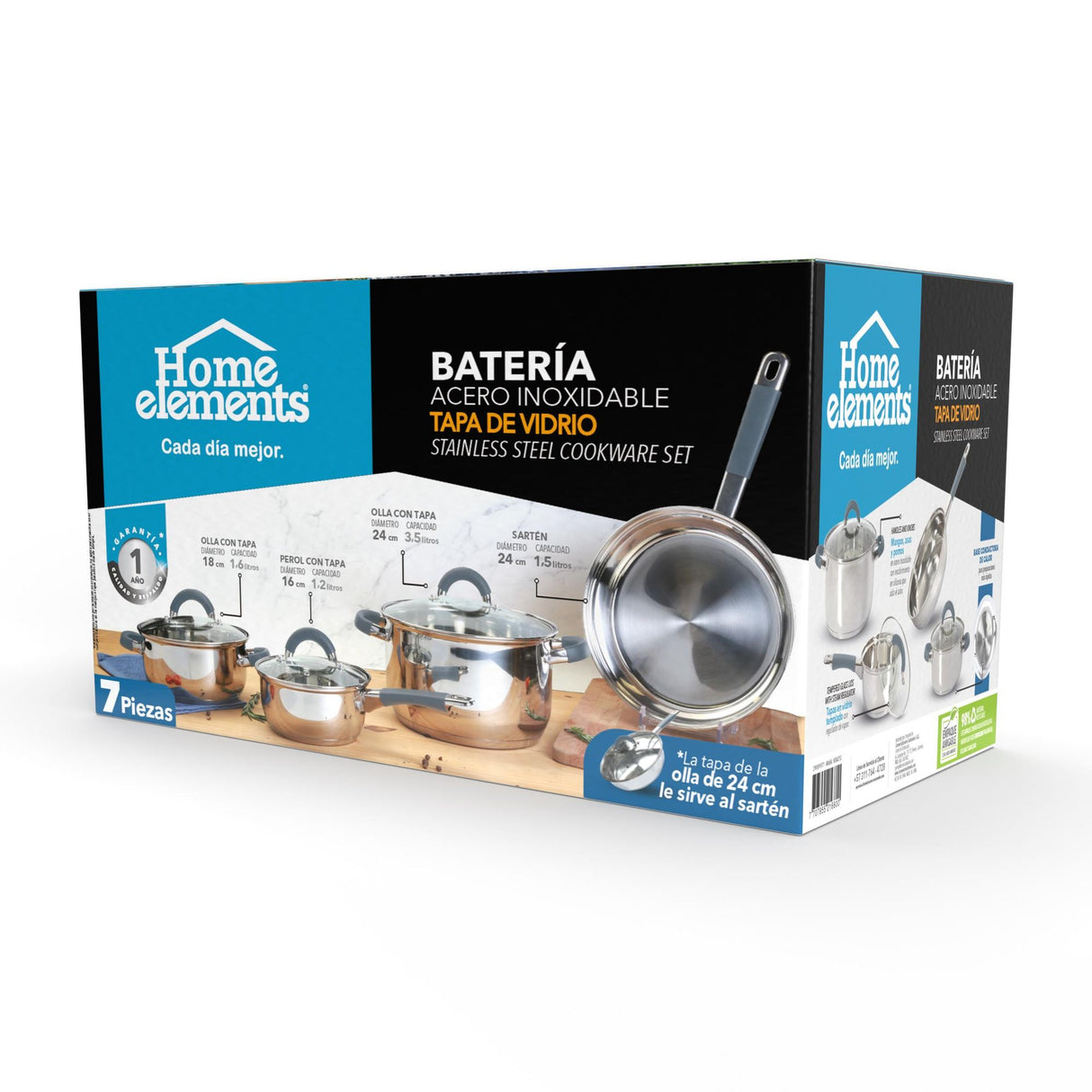 Batería de Cocina Siete Piezas Plateado y Azul 24x6.2cm De 3.5 Litros Apta para Inducción con Mango de Silicona - OLLAS Y SARTENES | Bylmo