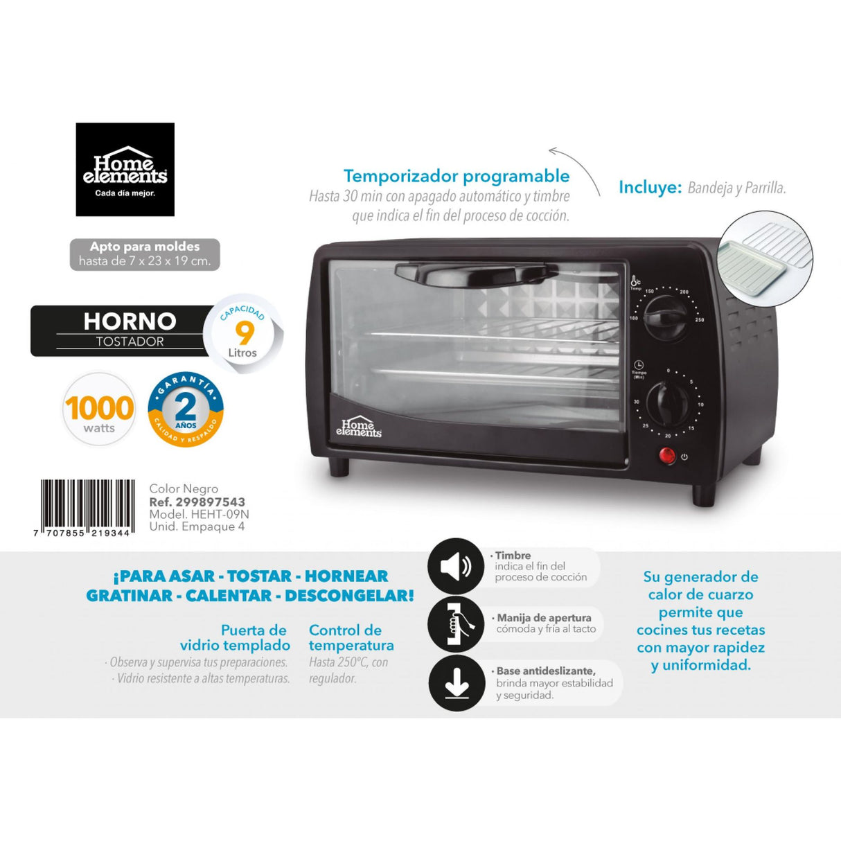 Horno Tostador Negro 26.5x20.5cm de 9 Litros con Temporizador - HORNOS TOSTADORES | Bylmo