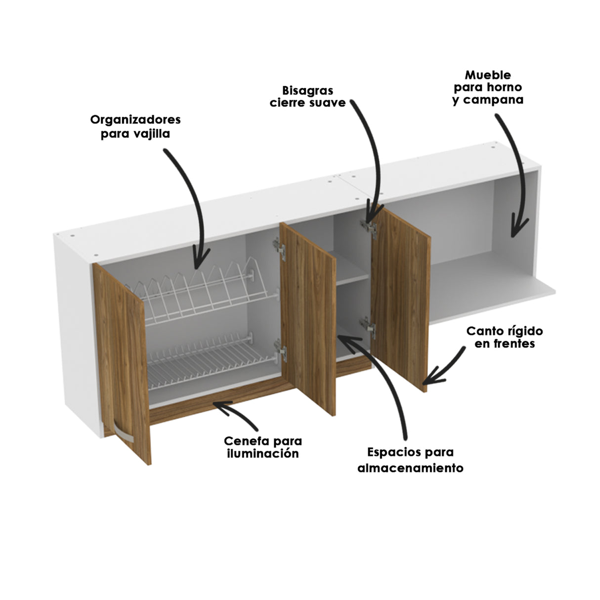 Mueble Superior de Cocina Ambar Gracia 180x65cm con Locero Espacio para Extractor Derecha y con Espacio para Microondas - MUEBLES SUPERIORES DE COCINA | Bylmo