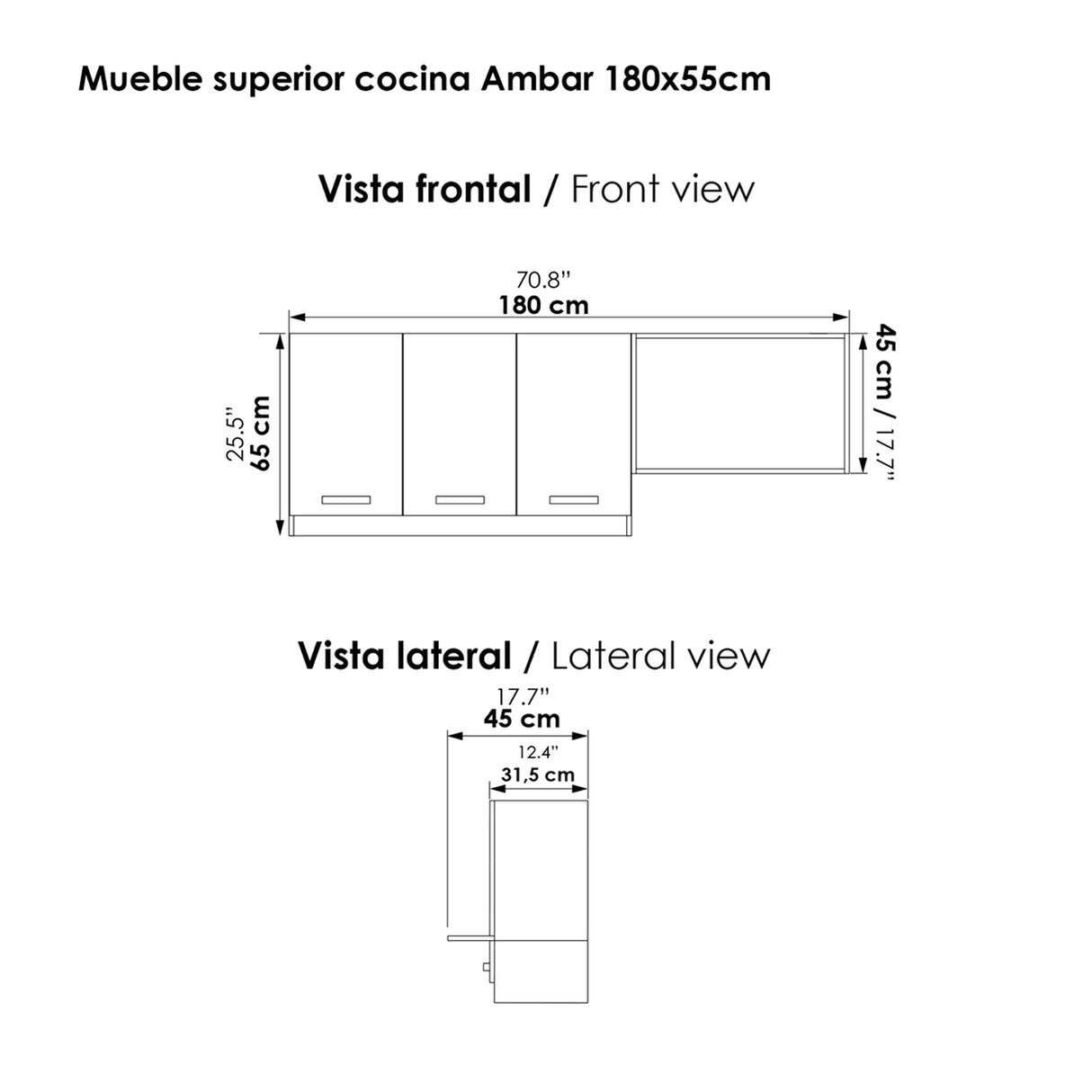 Mueble Superior de Cocina Ambar Gracia 180x65cm con Locero Espacio para Extractor Derecha y con Espacio para Microondas - MUEBLES SUPERIORES DE COCINA | Bylmo