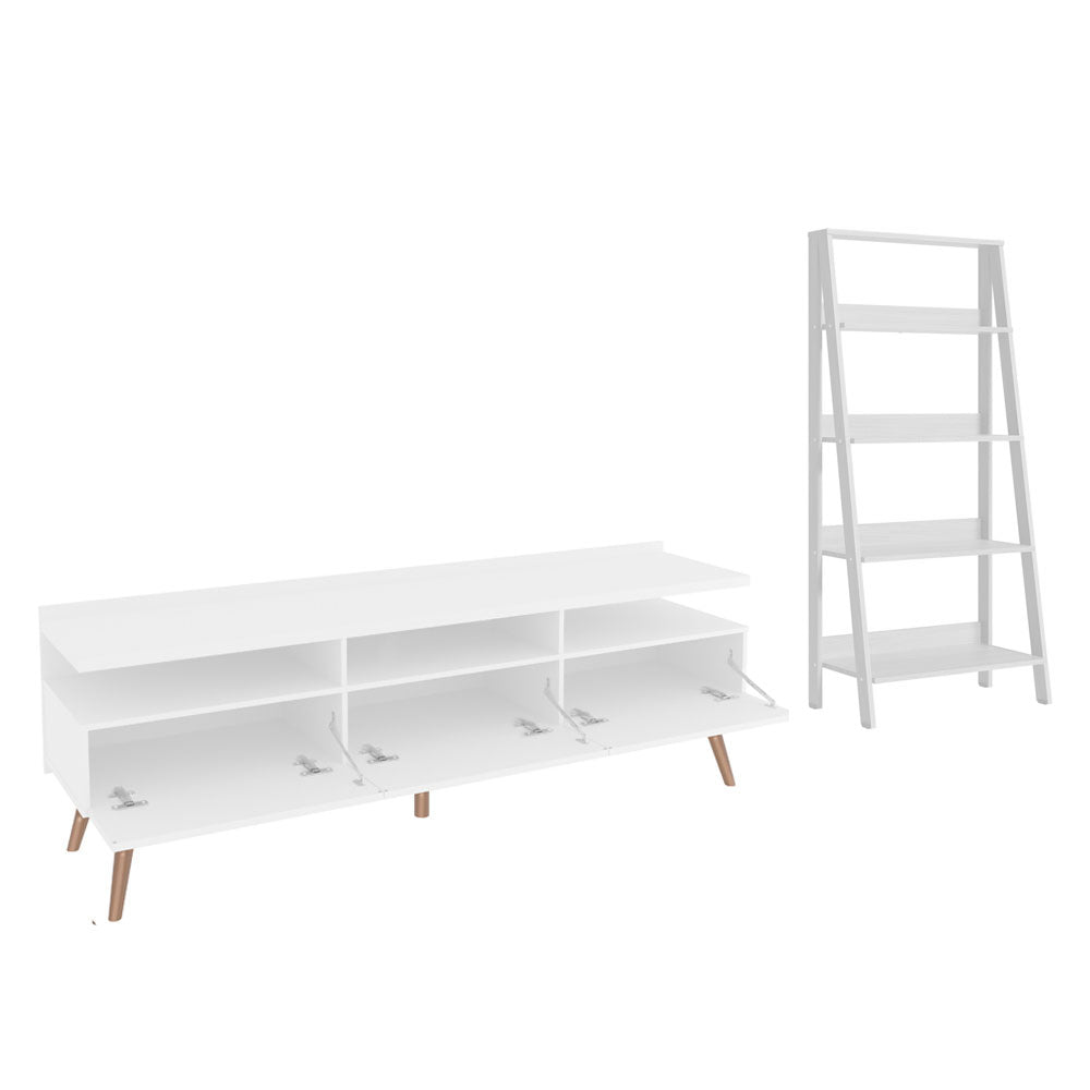 Combo Mueble de TV y Biblioteca Londres Blanco 221x140cm Para TV Hasta 65 Pulgadas con Ranuras para Cables - MUEBLES DE TV | Bylmo
