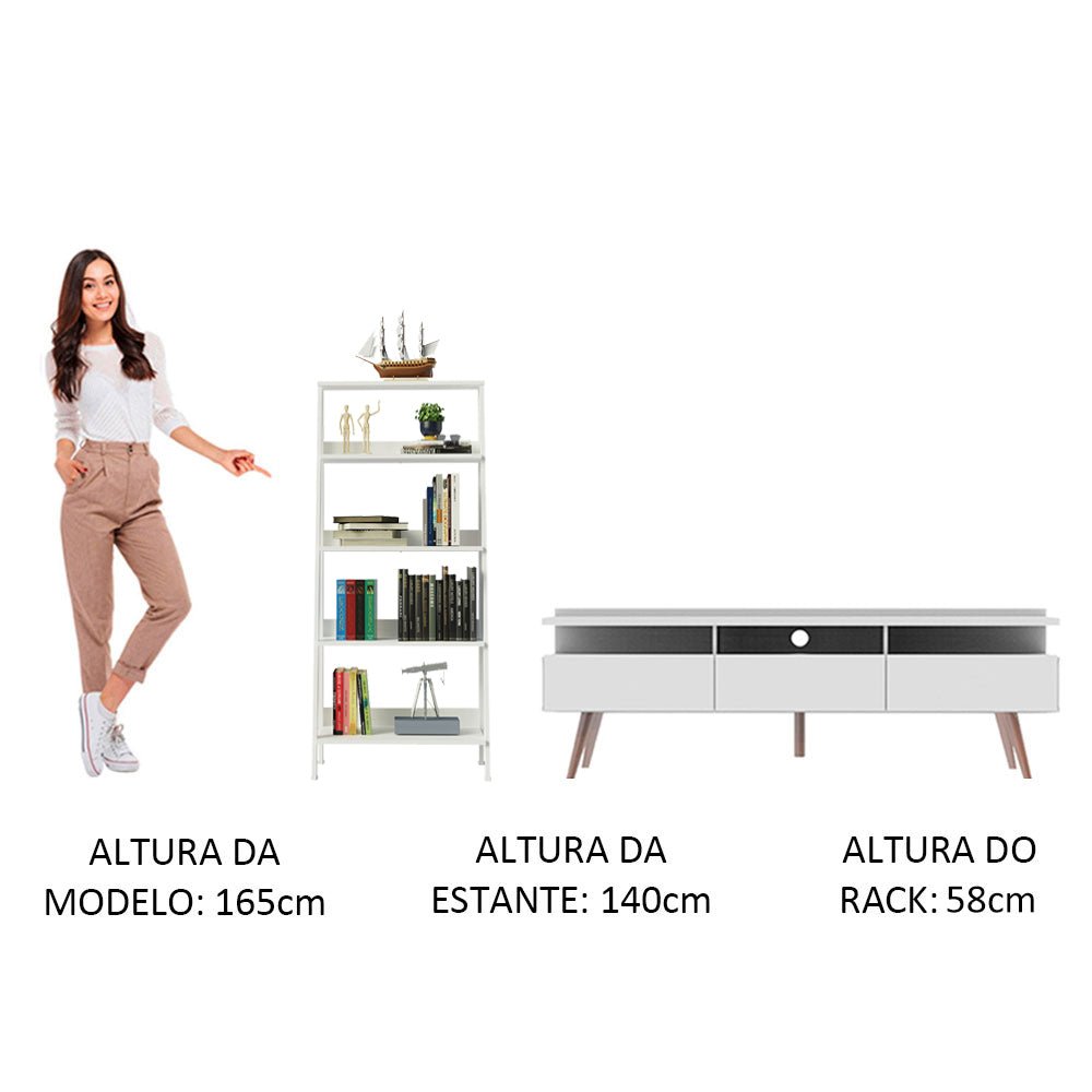 Combo Mueble de TV y Biblioteca Londres Blanco 221x140cm Para TV Hasta 65 Pulgadas con Ranuras para Cables - MUEBLES DE TV | Bylmo
