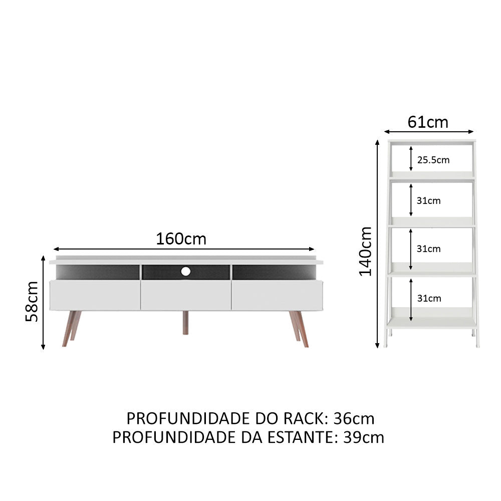 Combo Mueble de TV y Biblioteca Londres Blanco 221x140cm Para TV Hasta 65 Pulgadas con Ranuras para Cables - MUEBLES DE TV | Bylmo