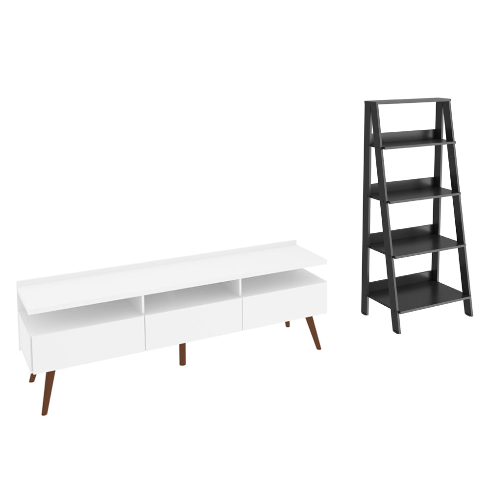 Combo Mueble de TV y Biblioteca Londres Blanco y Negro 61x140cm Para TV Hasta 65 Pulgadas con Ranuras para Cables - MUEBLES DE TV | Bylmo