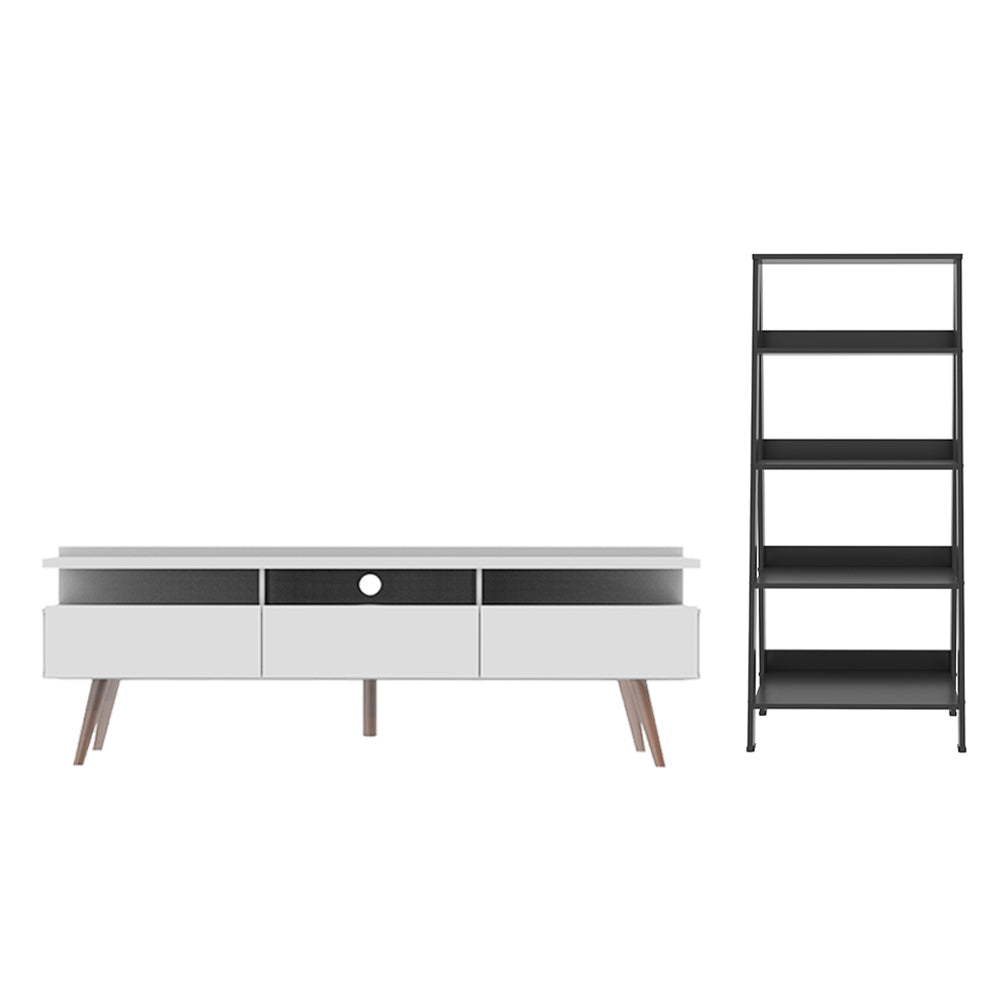 Combo Mueble de TV y Biblioteca Londres Blanco y Negro 61x140cm Para TV Hasta 65 Pulgadas con Ranuras para Cables - MUEBLES DE TV | Bylmo