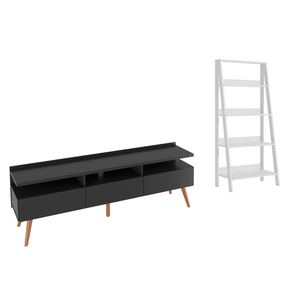 Combo Mueble de TV y Biblioteca Londres Negro y Blanco 221x140cm Para TV Hasta 65 Pulgadas con Ranuras para Cables - MUEBLES DE TV | Bylmo