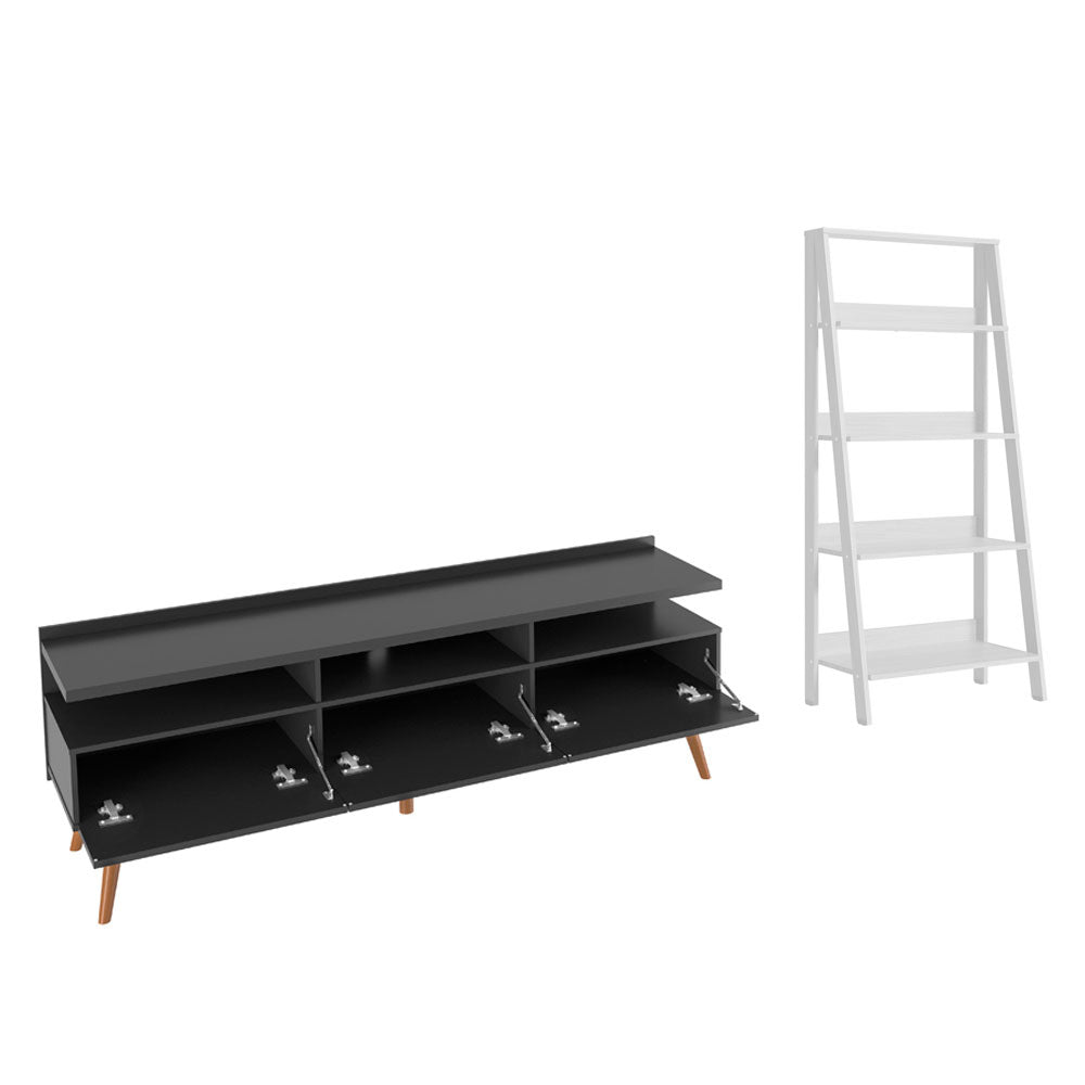 Combo Mueble de TV y Biblioteca Londres Negro y Blanco 221x140cm Para TV Hasta 65 Pulgadas con Ranuras para Cables - MUEBLES DE TV | Bylmo