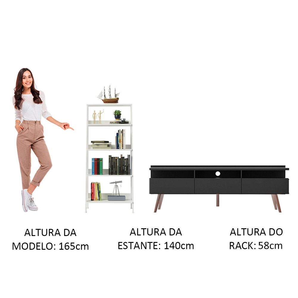 Combo Mueble de TV y Biblioteca Londres Negro y Blanco 221x140cm Para TV Hasta 65 Pulgadas con Ranuras para Cables - MUEBLES DE TV | Bylmo