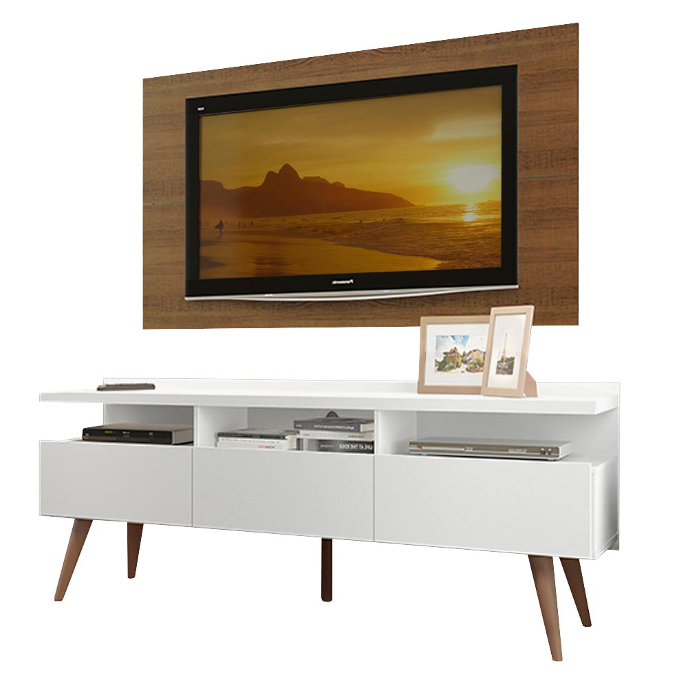 Combo Mueble y Panel de TV Londres Blanco y Marron 160x141cm Para TV Hasta 55 Pulgadas con Ranuras para Cables - MUEBLES DE TV | Bylmo