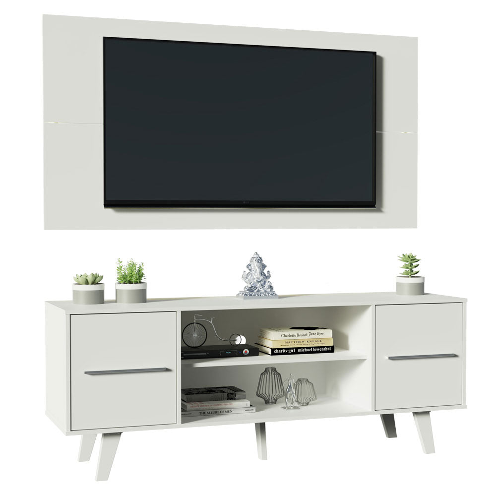 Combo Mueble y Panel de TV Copenhagen Blanco 136x126cm Para TV Hasta 55 Pulgadas con Ranuras para Cables - MUEBLES DE TV | Bylmo