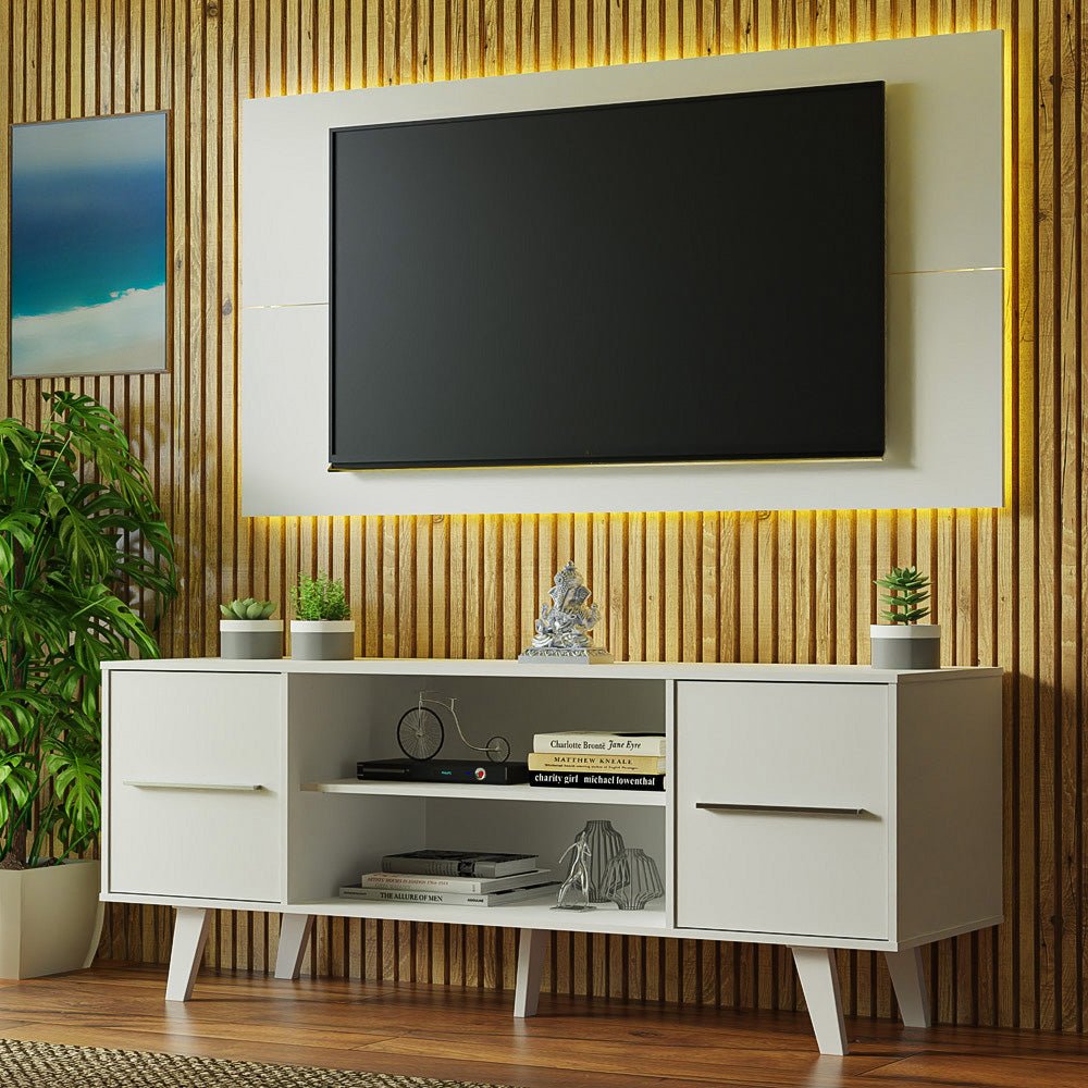 Combo Mueble y Panel de TV Copenhagen Blanco 136x126cm Para TV Hasta 55 Pulgadas con Ranuras para Cables - MUEBLES DE TV | Bylmo
