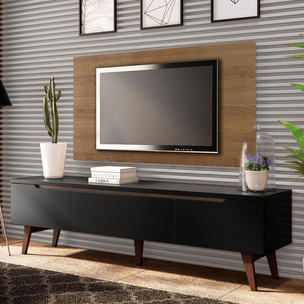 Combo Mueble y Panel de TV Reims Marron y Negro 180x122cm Para TV Hasta 55 Pulgadas con Ranuras para Cables - MUEBLES DE TV | Bylmo