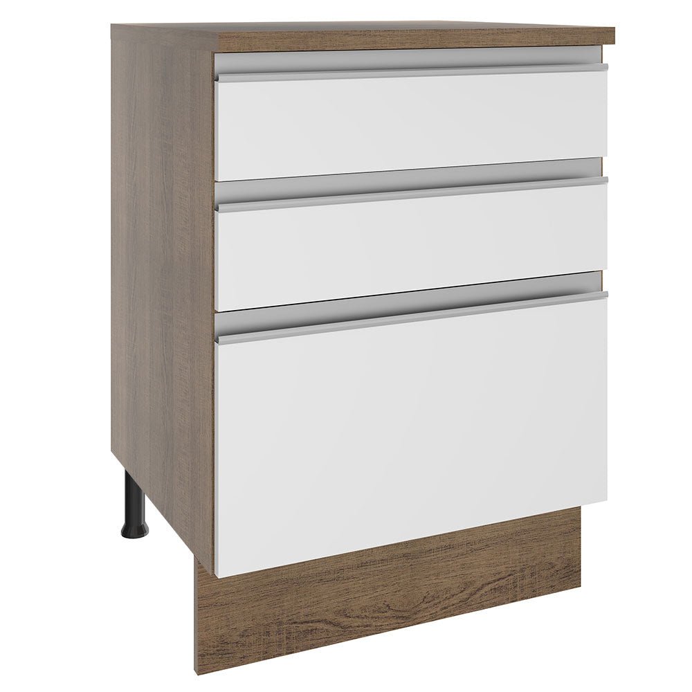 Mueble Inferior de Cocina Glamy Marron y Blanco 60x84cm con Mesón de Madera y sin Estufa con 3 Cajones - MUEBLES INFERIORES DE COCINA | Bylmo