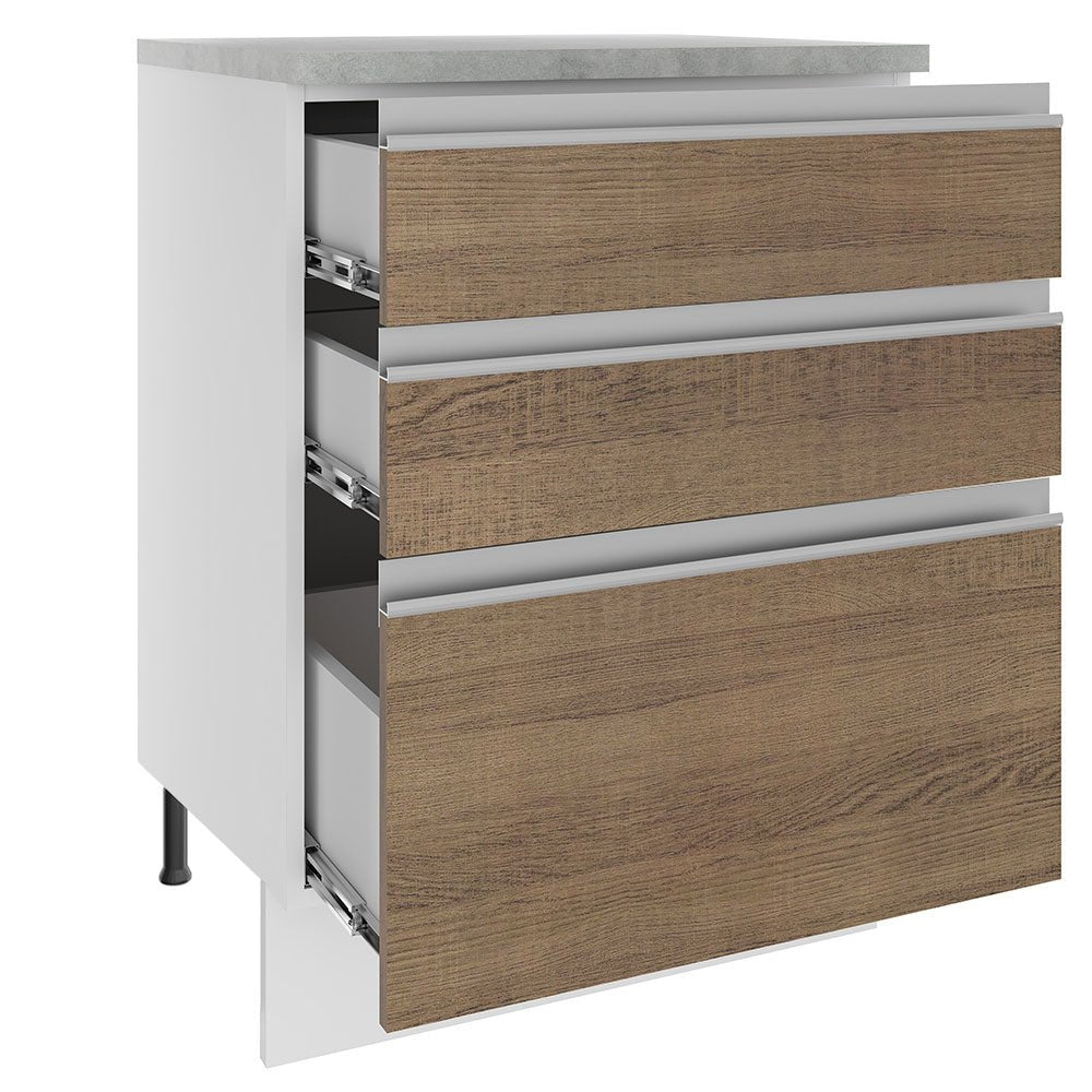 Mueble Inferior de Cocina Glamy Blanco y Marron 60x84cm con Mesón de Madera y sin Estufa con 3 Cajones - MUEBLES INFERIORES DE COCINA | Bylmo