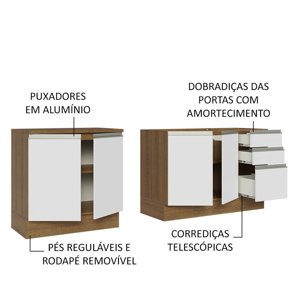 Set X 2 Muebles Inferiores de Cocina Glamy Marron y Blanco 200x84cm sin Mesón sin Estufa y con Tres Cajones - MUEBLES INFERIORES DE COCINA | Bylmo