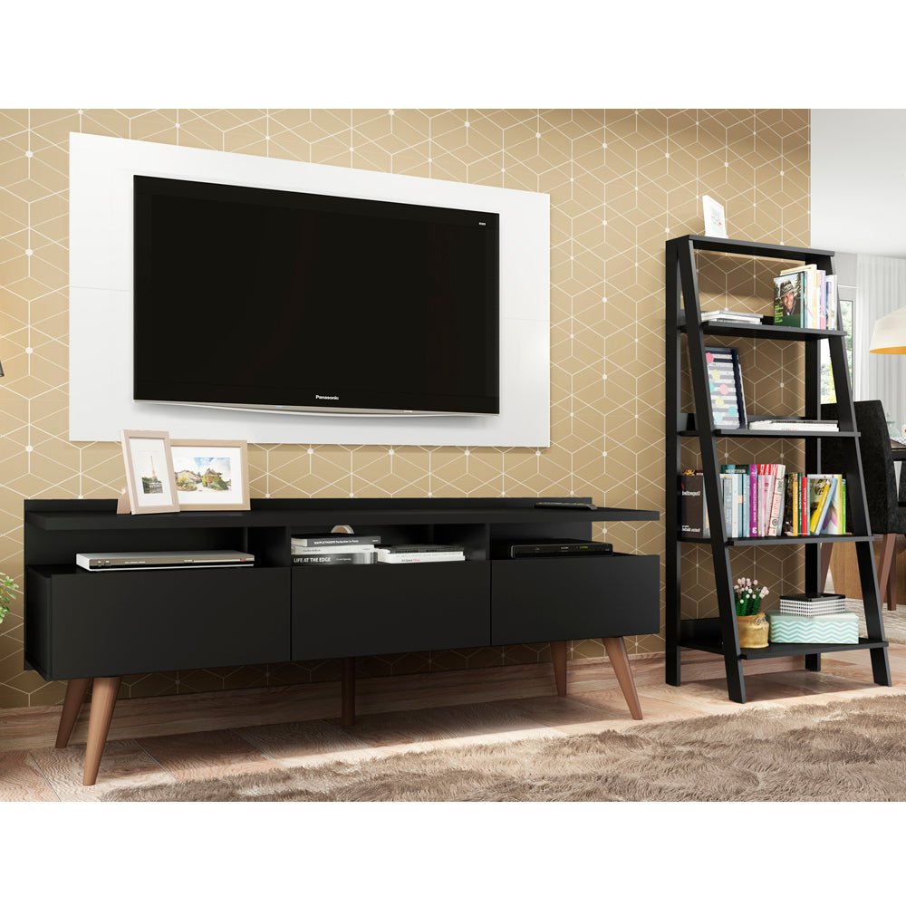 Combo Mueble de TV y Biblioteca Negro y Blanco 61x140cm para TV Hasta 55 Pulgadas con Seis Compartimientos y Ranura para Cables - MUEBLES DE TV | Bylmo