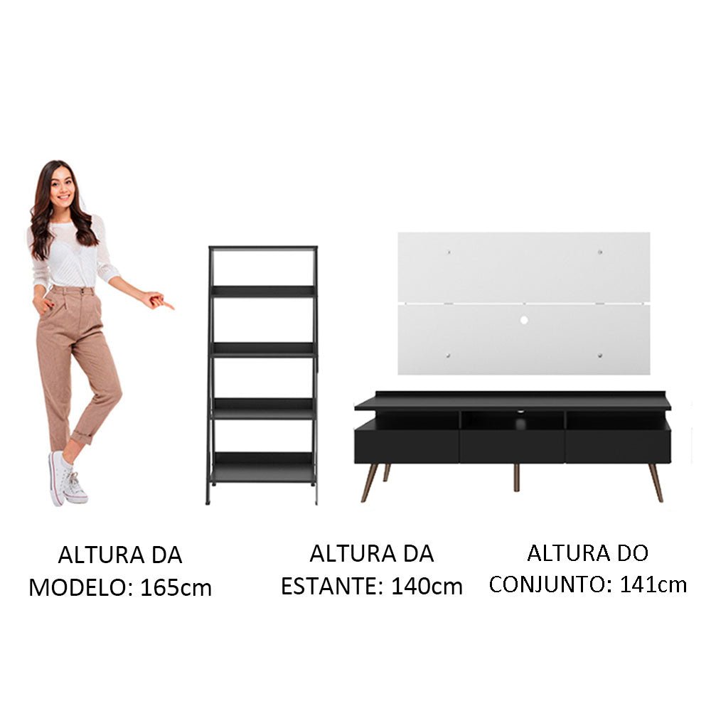 Combo Mueble de TV y Biblioteca Negro y Blanco 61x140cm para TV Hasta 55 Pulgadas con Seis Compartimientos y Ranura para Cables - MUEBLES DE TV | Bylmo