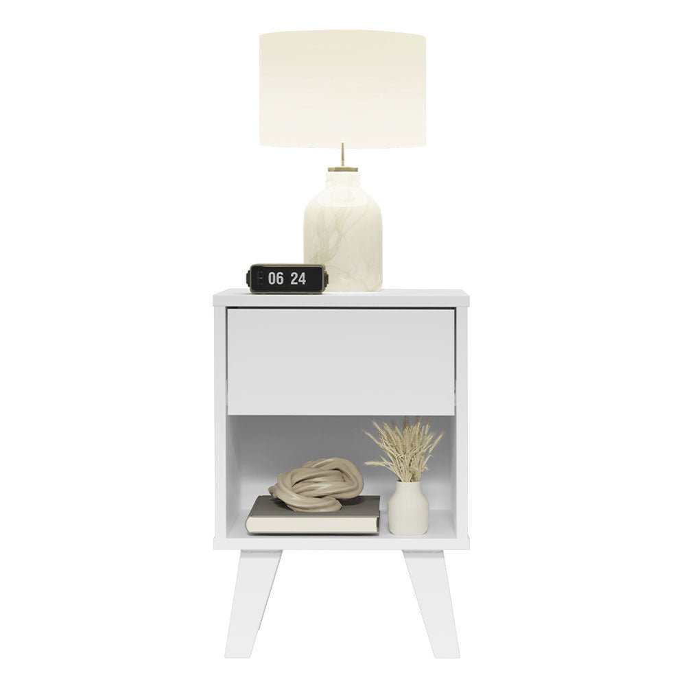 Mesa de Noche x 2 Blanco 35x51cm con Patas y con Dos Cajones - MESAS DE NOCHE | Bylmo