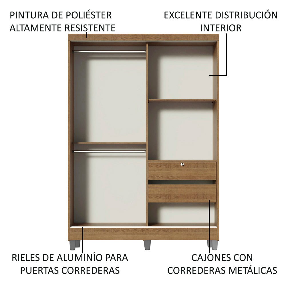 Closet Luke Marron 120x192cm con Espejo con Dos Cajones y con Tres Entrepaños - CLOSETS | Bylmo