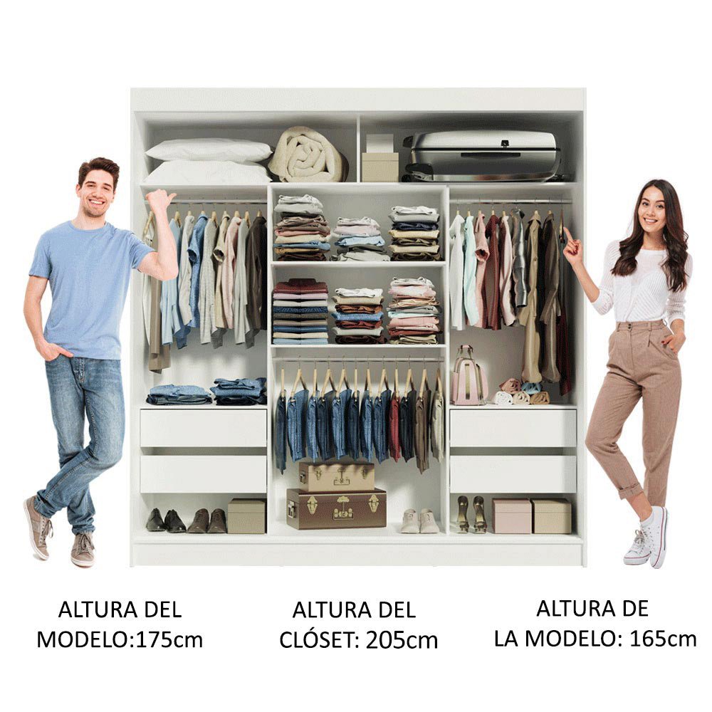 Closet Reno Blanco y Negro 180x205cm con Espejo con Cuatro Cajones y con Seis Entrepaños - CLOSETS | Bylmo