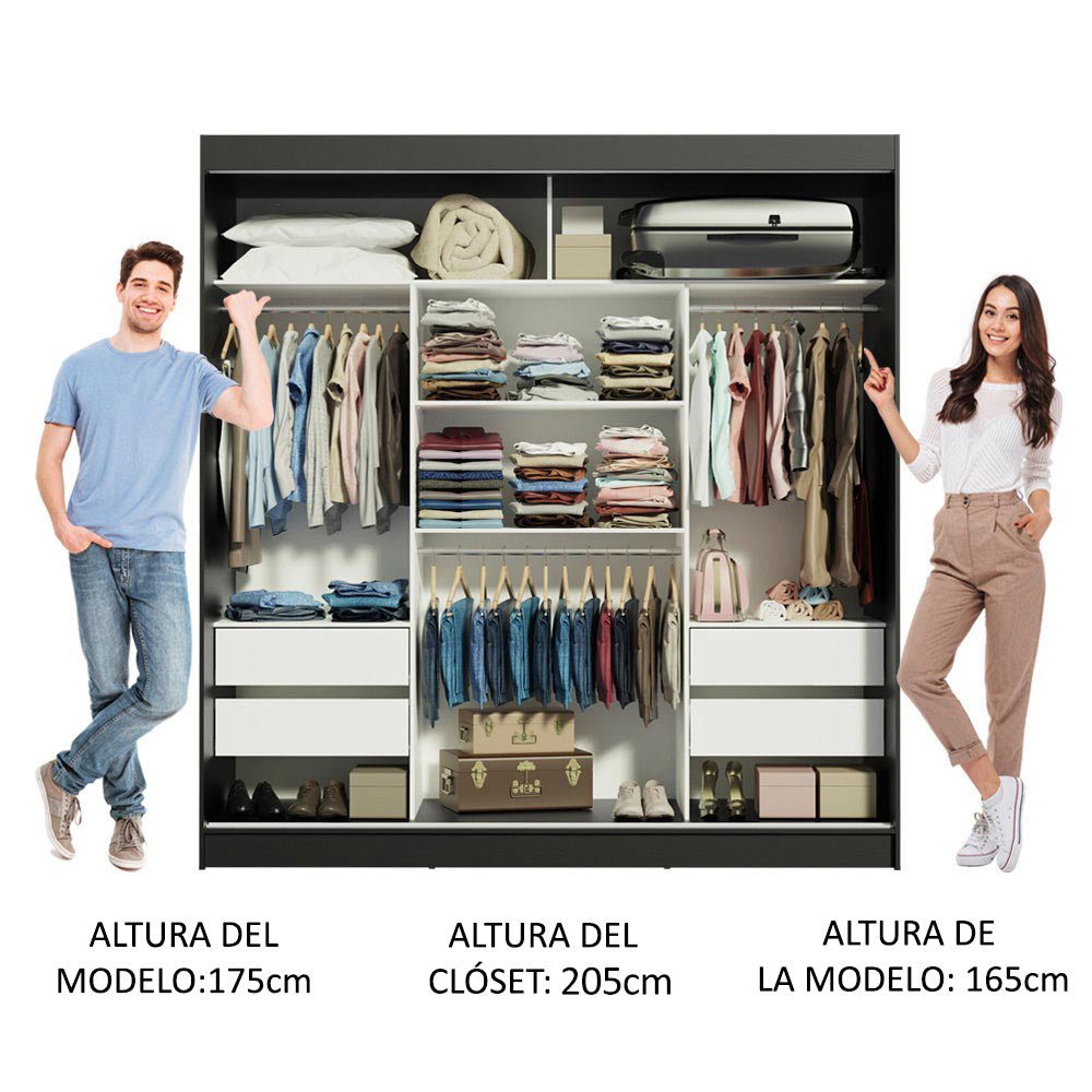 Closet Reno Negro y Blanco 180x205cm con Dos Espejos con Cuatro Cajones y con Seis Entrepaños - CLOSETS | Bylmo