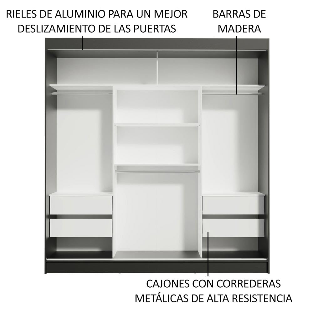 Closet Reno Negro y Blanco 180x205cm con Espejo con Cuatro Cajones y con Seis Entrepaños - CLOSETS | Bylmo
