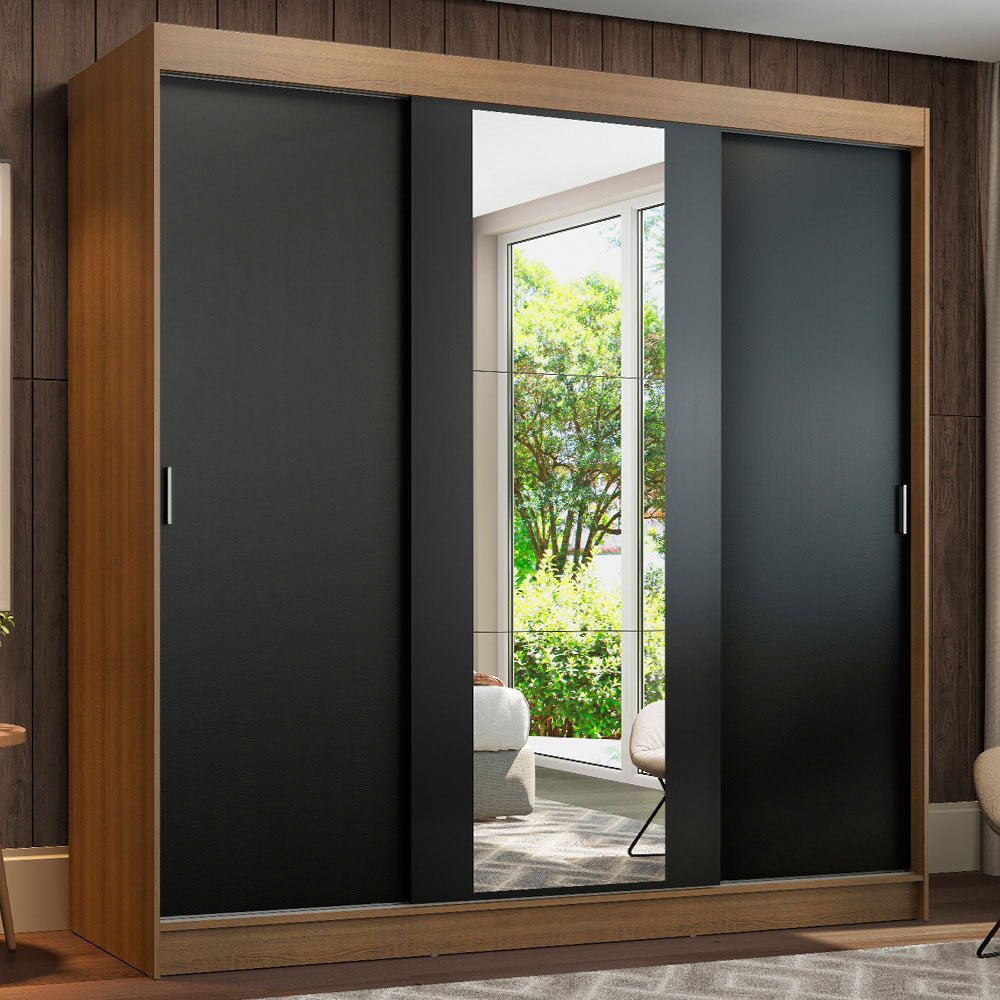 Closet Reno Marron y Negro 180x205cm con Un Espejo con Cuatro Cajones y con Seis Entrepaños - CLOSETS | Bylmo