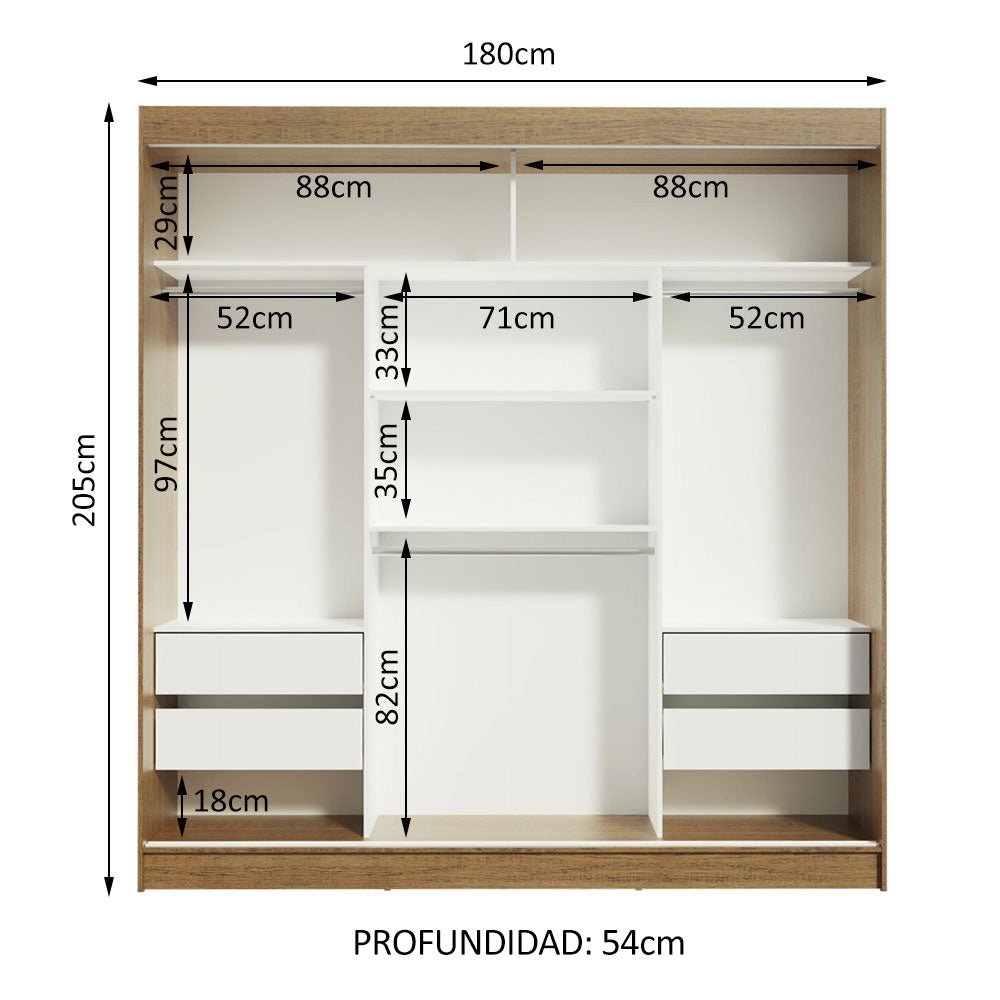 Closet Reno Marron y Negro 180x205cm con Dos Espejos con Cuatro Cajones y con Seis Entrepaños - CLOSETS | Bylmo