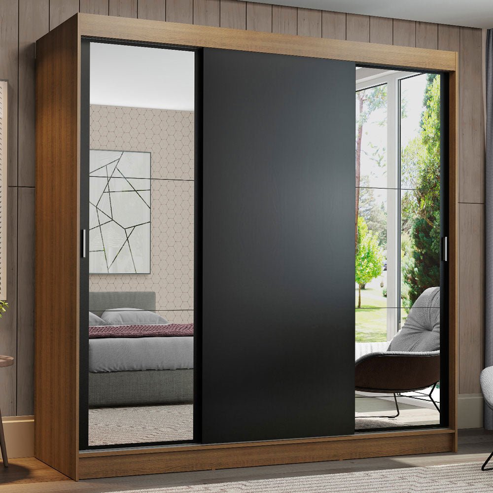 Closet Reno Marron y Negro 180x205cm con Dos Espejos con Cuatro Cajones y con Seis Entrepaños - CLOSETS | Bylmo
