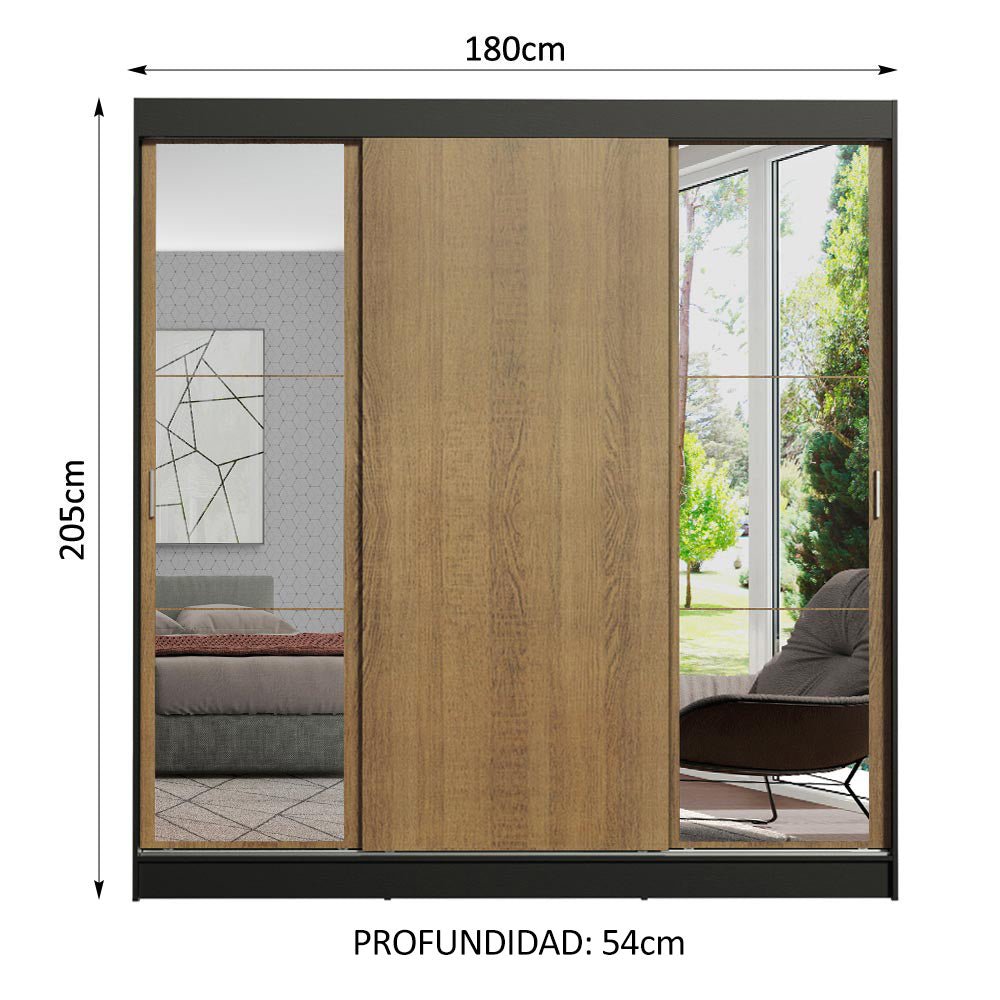 Closet Reno Negro y Marron 180x205cm con Dos Espejos con Cuatro Cajones y con Seis Entrepaños - CLOSETS | Bylmo