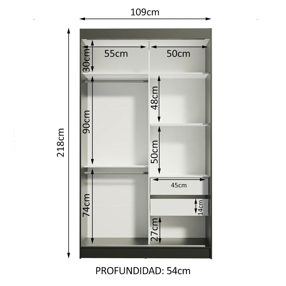 Closet Tokio Negro y Blanco 109x218cm con Espejo con Dos Cajones y con Cinco Entrepaños - CLOSETS | Bylmo