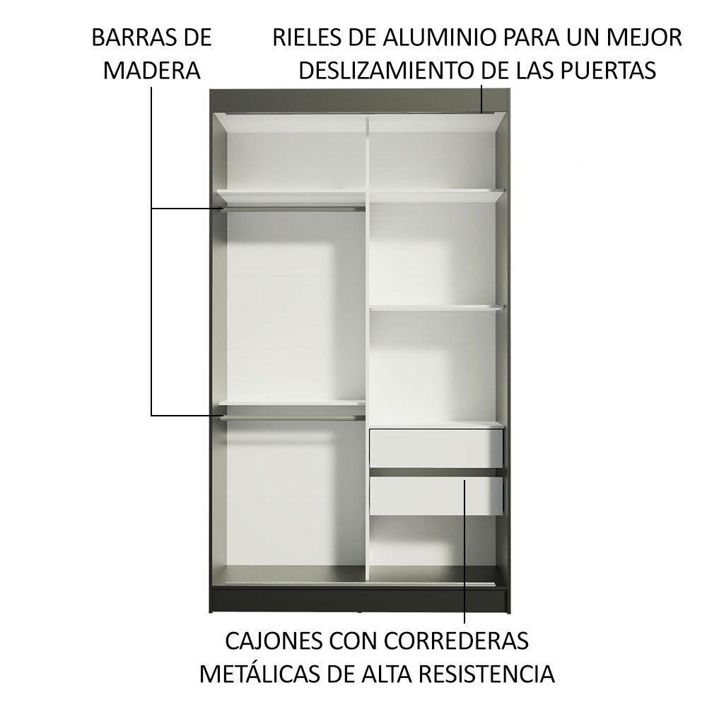 Closet Tokio Negro y Blanco 109x218cm con Espejo con Dos Cajones y con Cinco Entrepaños - CLOSETS | Bylmo