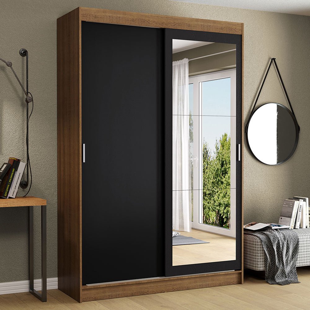Closet Tokio Marron y Negro 109x218cm con Espejo con Dos Cajones y con Cinco Entrepaños - CLOSETS | Bylmo