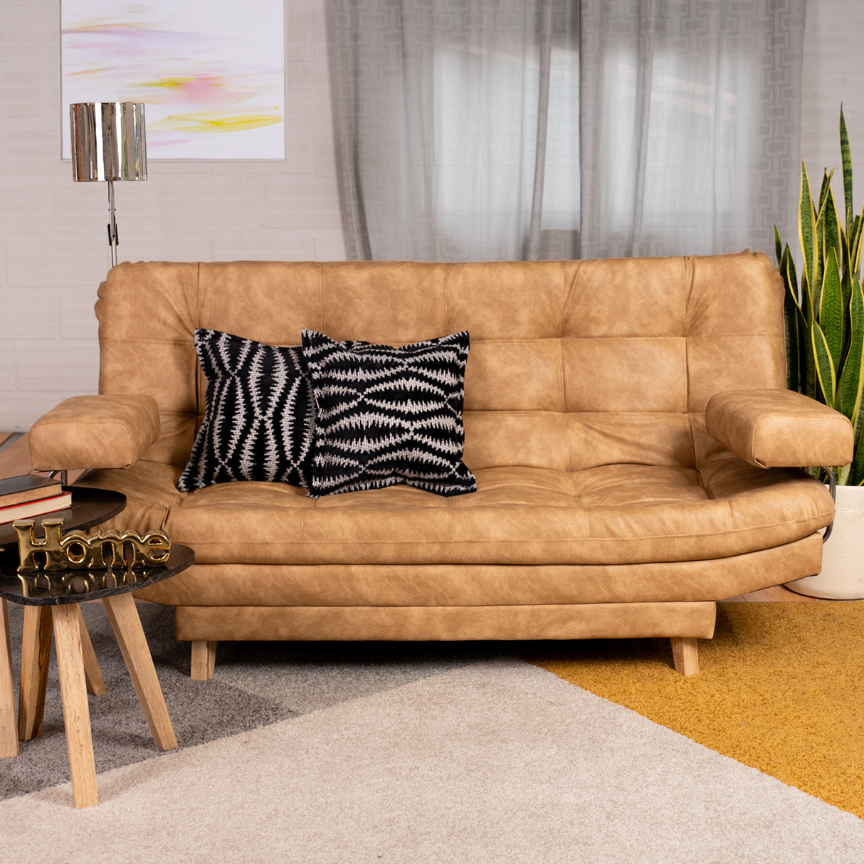 Combo Sofá Cama y Puff Valencia Beige Sintético 180x85cm De Tres Puestos Antifluido con Patas - SOFAS Y POLTRONAS | Bylmo