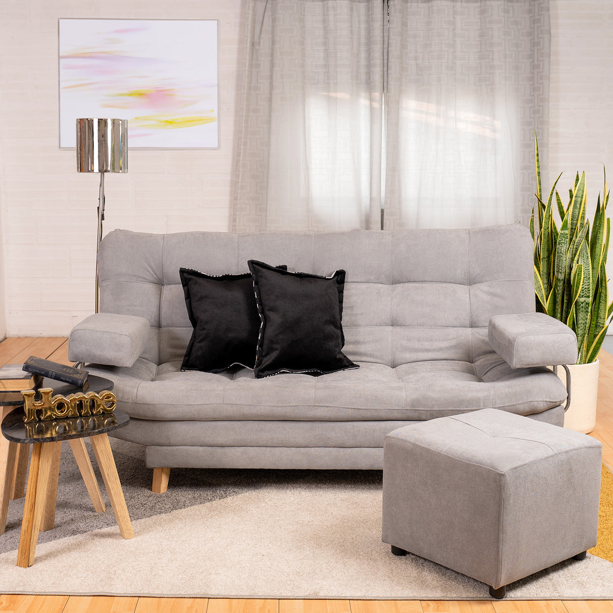 Combo Sofá Cama y Puff Valencia Gris Claro 180x85cm De Tres Puestos Antifluido con Patas - SOFAS Y POLTRONAS | Bylmo
