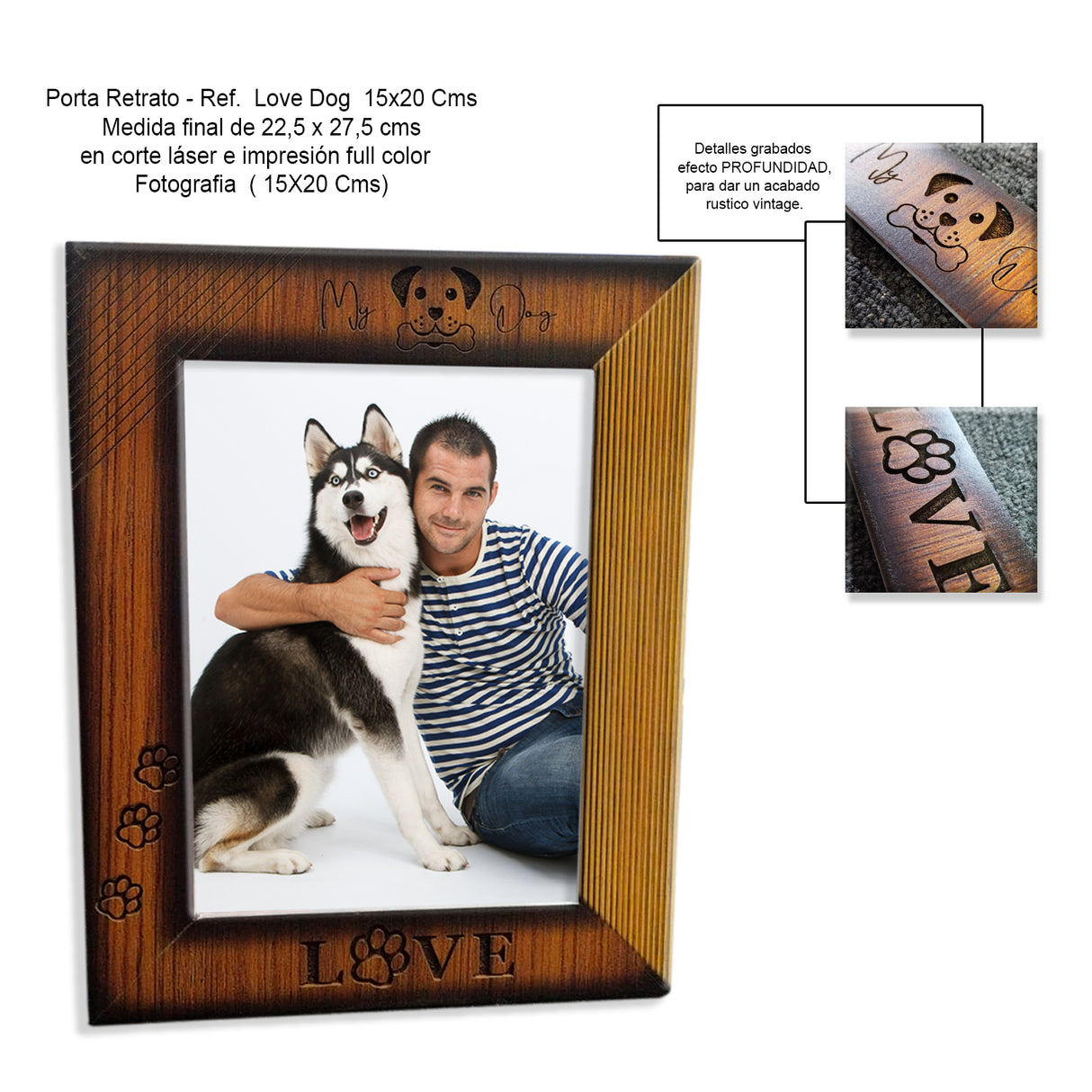 Portarretrato Love Dog Madera Clara Natural 22.5x27.5cm sin Marco y con Vidrio Protector - PORTARRETRATOS | Bylmo