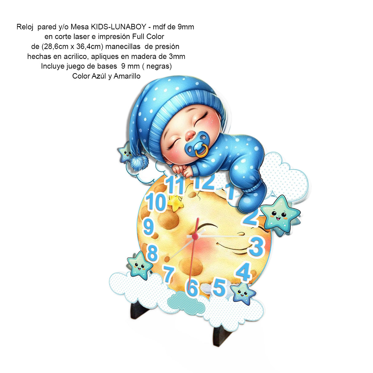 Reloj de Pared Kids Luna Boy Azul y Amarillo 28.6x36.4cm Irregular Analogo de Baterias - RELOJES | Bylmo