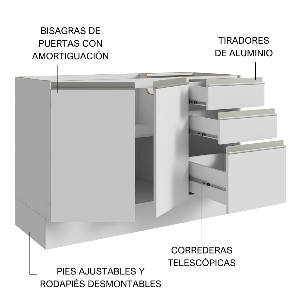 Mueble para Lavamanos Blanco 120x81cm Individual Sin Lavamanos con Patas y Tres Cajones - MUEBLES PARA LAVAMANOS | Bylmo