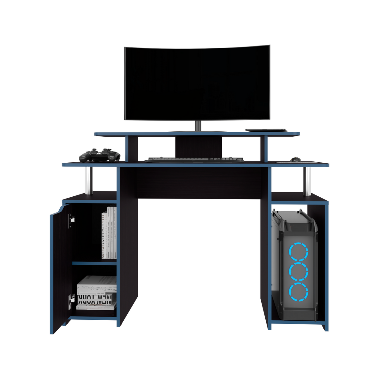 Escritorio Gamer Keria Wengue y Azul 120x88.5cm sin Cajones y con Organizador de Libros - ESCRITORIOS | Bylmo
