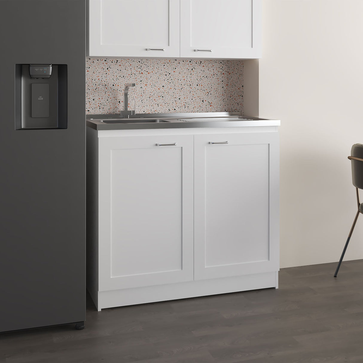 Mueble Inferior de Cocina Zurich Blanco 98.5x88.6cm con Mesón de Acero Inoxidable con Pozuelo y sin Estufa - MUEBLES INFERIORES DE COCINA | Bylmo