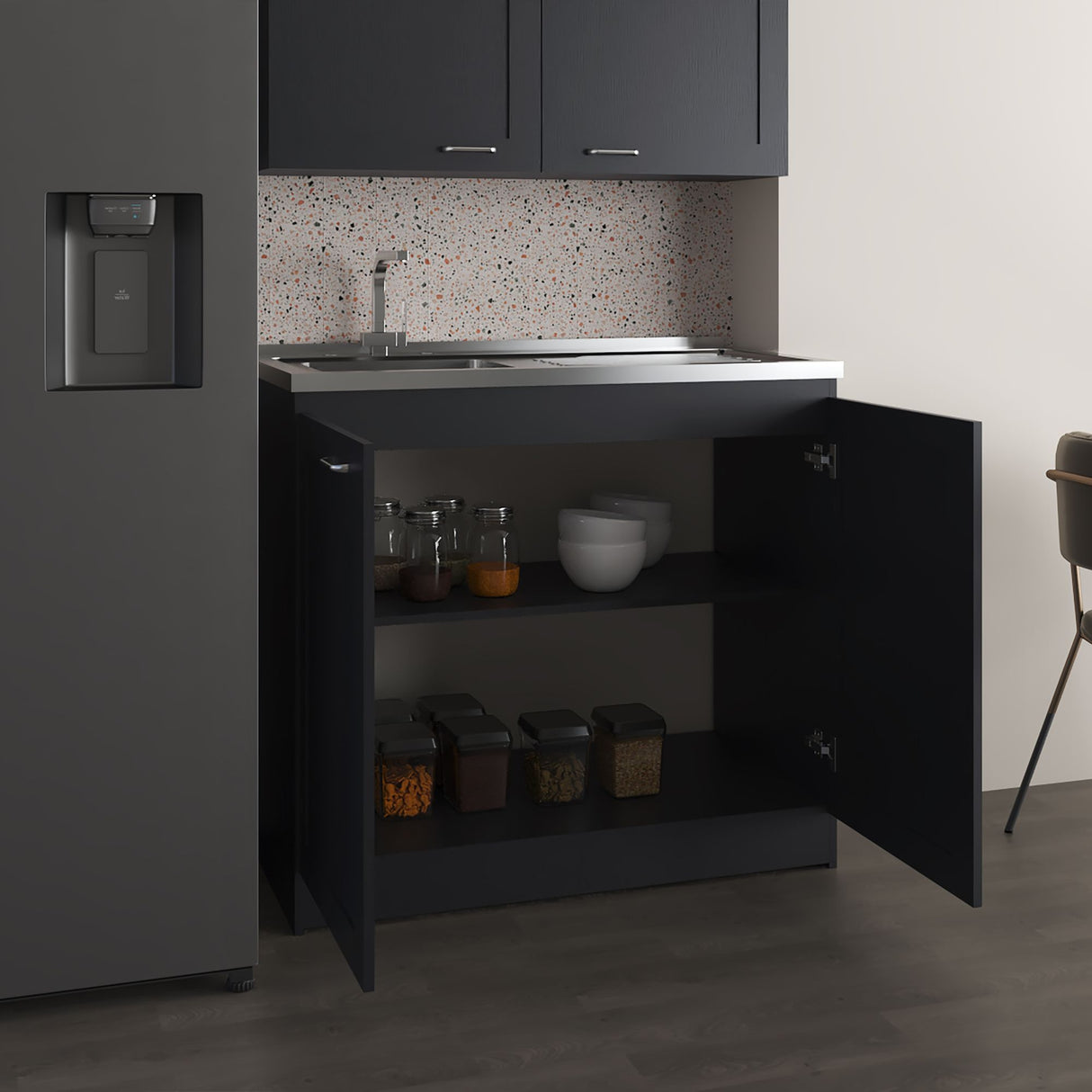 Mueble Inferior de Cocina Zurich Wengue 98.5x88.6cm con Mesón de Acero Inoxidable con Pozuelo y sin Estufa - MUEBLES INFERIORES DE COCINA | Bylmo