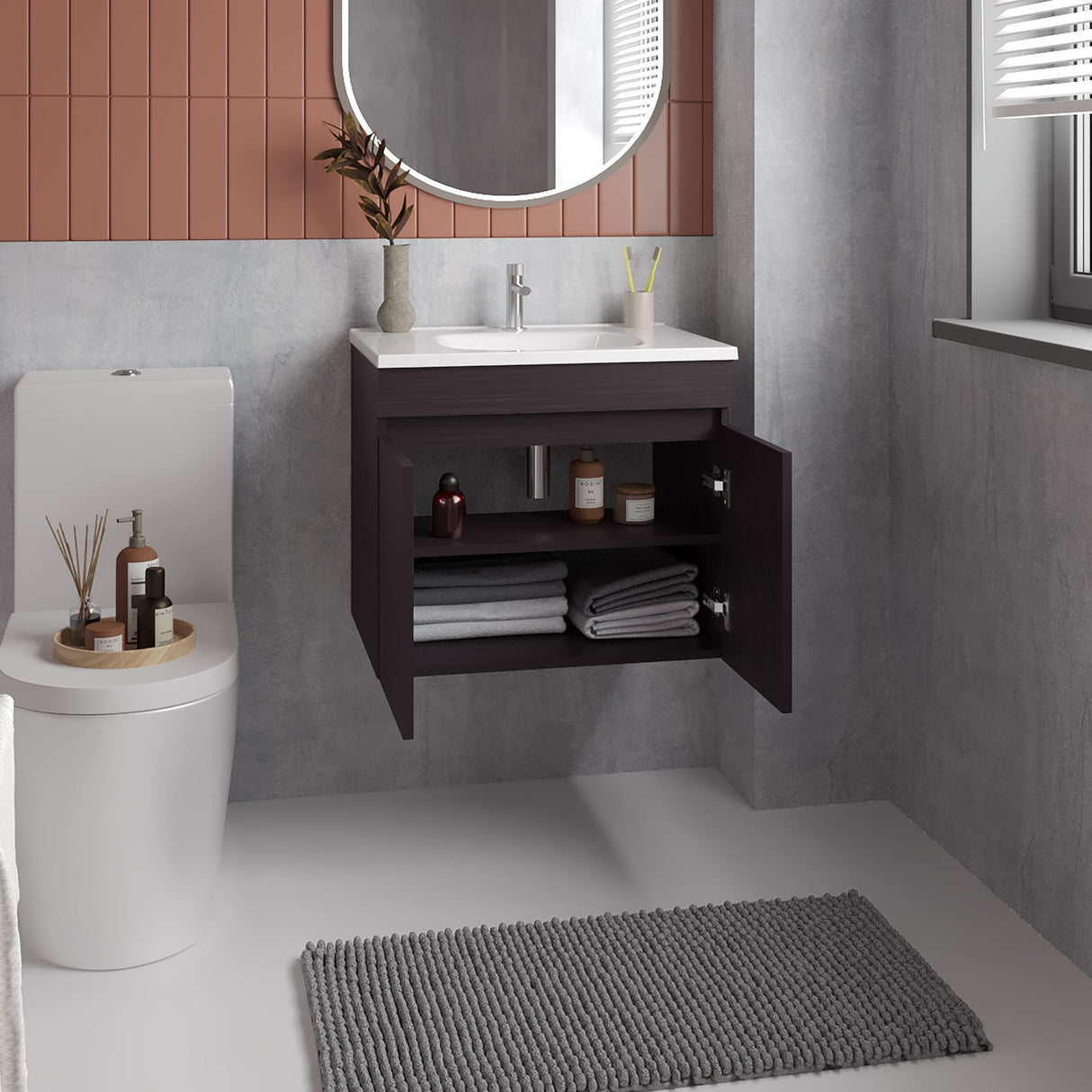 Mueble para Lavamanos Indivudual Chaux Wengue 59x50cm Flotante con Lavamanos de Sobreponer con Dos Puertas - MUEBLES PARA LAVAMANOS | Bylmo