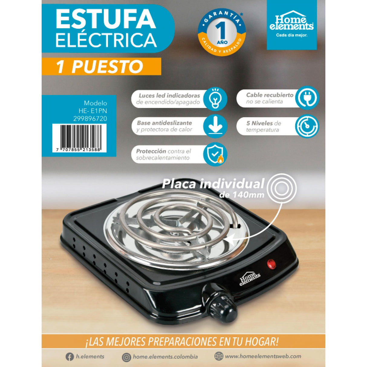 Estufa Eléctrica Negra 22x7.5cm de Un Quemador Portátil con Cinco Niveles de Temperatura - ESTUFAS | Bylmo