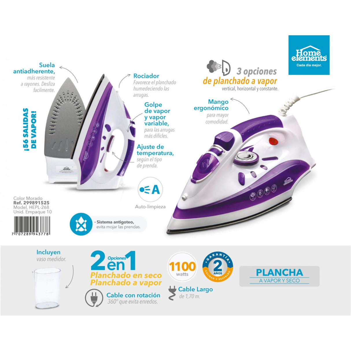 Plancha Blanco y Violeta 11.5x13.5cm con Vapor y Dispensaodor y Rociador de Agua - PLANCHAS | Bylmo